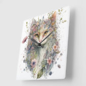 水彩猫顔及び花かわいらし類 スクエア壁時計 (傾斜)