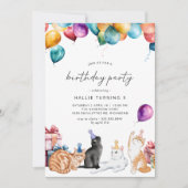 水彩猫 |かわいいおもしろいガールズバースデーパーティー 招待状 (正面)