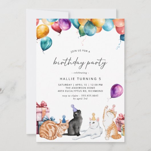 水彩猫 |かわいいおもしろいガールズバースデーパーティー 招待状 (正面)