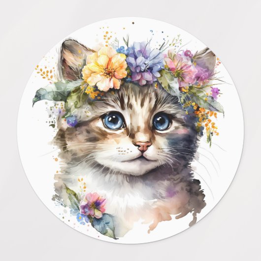 水彩猫（花） ラベル (デザイン1)