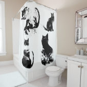 水彩猫、黒猫、ミニマル黒白 シャワーカーテン (インサイチュ)