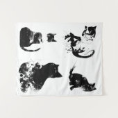 水彩猫、黒猫、ミニマル黒白 タペストリー (正面(横))