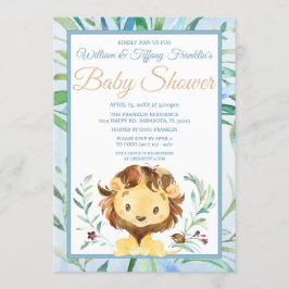 水彩獅子の少年の青い赤ちゃんシャワー 招待状