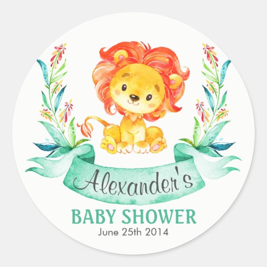 水彩獅子赤ちゃんシャワーステッカー ラウンドシール (正面)