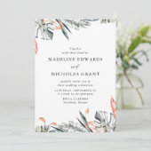 水彩珊瑚と緑の熱帯葉国結婚の 招待状 (スタンド正面)