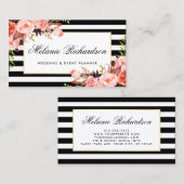 水彩珊瑚エレガントフローラ黒ストライプの 名刺 (正面/裏面)