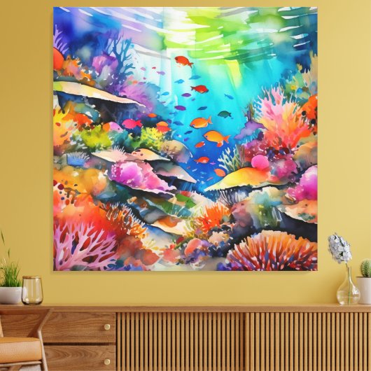 水彩珊瑚礁の水中風景 キャンバスプリント (インサイチュ (リビング))
