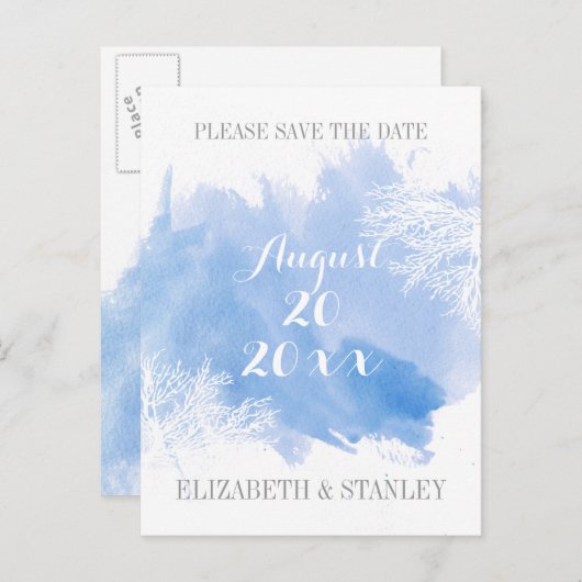 水彩珊瑚礁ブルーウェディング日付を保存 案内ポストカード (正面/裏面)