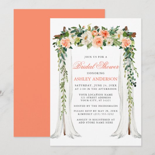 水彩珊瑚花卉天花板婚前お披露目パーティー 招待状 (正面/裏面)