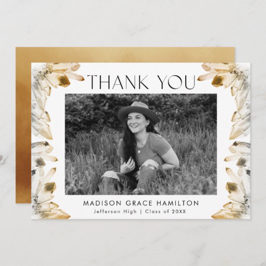 水彩琥珀の金ゴールド結晶フォト卒業 サンキューカード (正面/裏面)