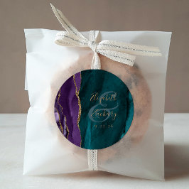 水彩瑪瑙スクリプトパープル金ゴールド結婚ティール(緑がかった色) ラウンドシール