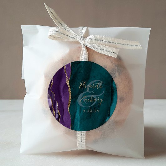 水彩瑪瑙スクリプトパープル金ゴールド結婚ティール（緑がかった色） ラウンドシール