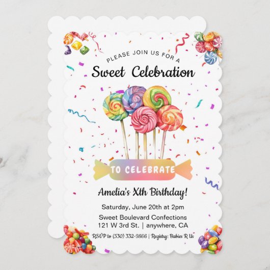 水彩甘いお祝いキッズキャンディ誕生日 招待状 (正面/裏面)