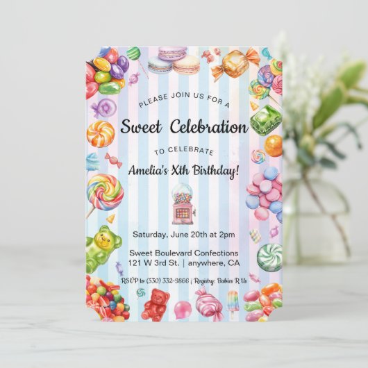 水彩甘いお祝いキャンディキッドの誕生日 招待状 (スタンド正面)