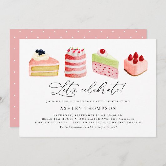 水彩甘いケーキ誕生日パーティーブランチ 招待状 (正面/裏面)