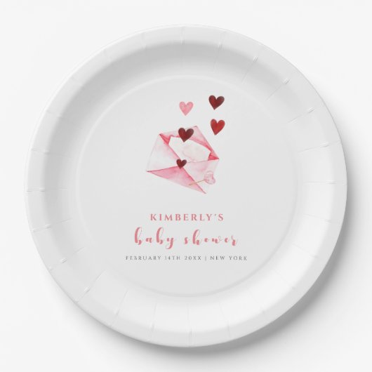 水彩甘いハートレターベビーシャワー ペーパープレート (正面)