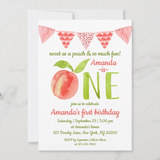 水彩甘いピーチファースト誕生日 招待状 (正面)