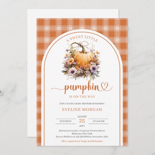 水彩甘い小さなかぼちゃの秋のプレイド 招待状 (正面/裏面)