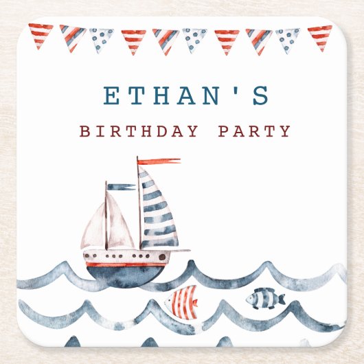水彩生誕祭航海のパーティモノグラム スクエアペーパーコースター (正面)