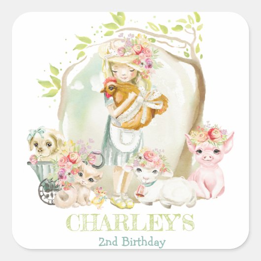 水彩田園少女の動物園誕生日 スクエアシール (正面)