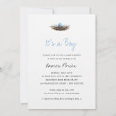 水彩男の赤ちゃんバードズネストベビーシャワー 招待状 (正面)