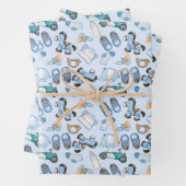 水彩男の赤ちゃん模様、おもちゃ付き洋服青 ラッピングペーパーシート (インサイチュ)