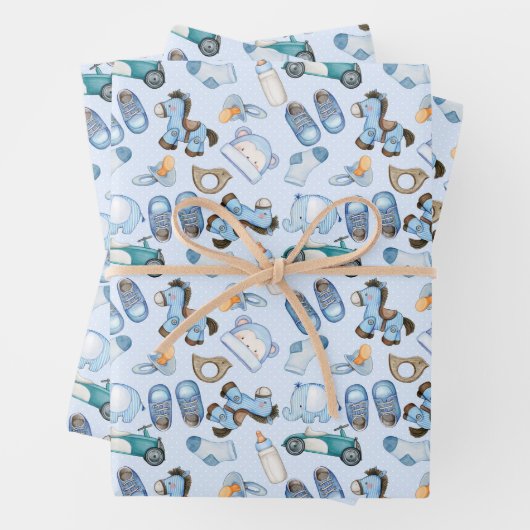 水彩男の赤ちゃん模様、おもちゃ付き洋服青 ラッピングペーパーシート (インサイチュ)