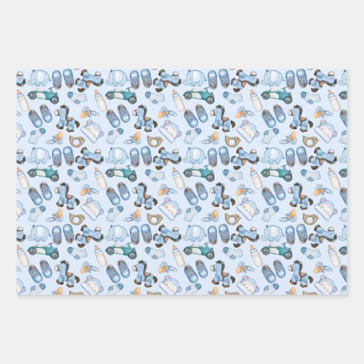 水彩男の赤ちゃん模様、おもちゃ付き洋服青 ラッピングペーパーシート (正面3)