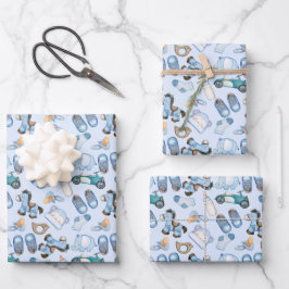 水彩男の赤ちゃん模様、おもちゃ付き洋服青 ラッピングペーパーシート