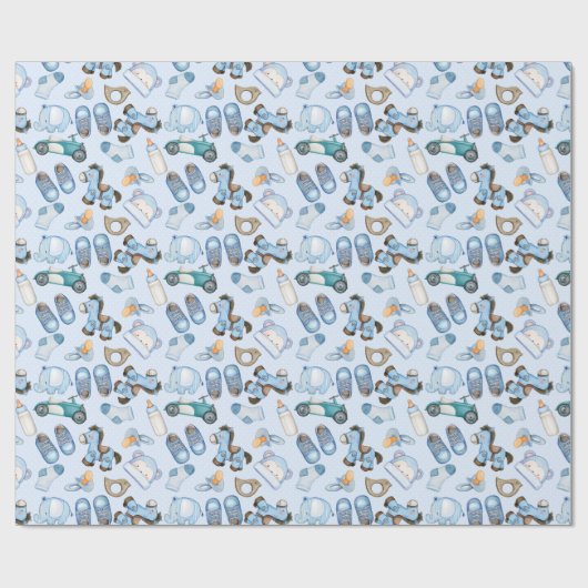水彩男の赤ちゃん模様、おもちゃ付き洋服青 ラッピングペーパー (フラット)