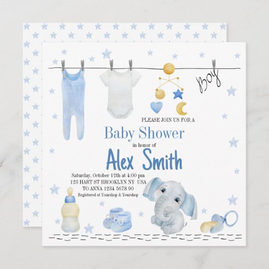 水彩男の赤ちゃん 招待状 (正面/裏面)