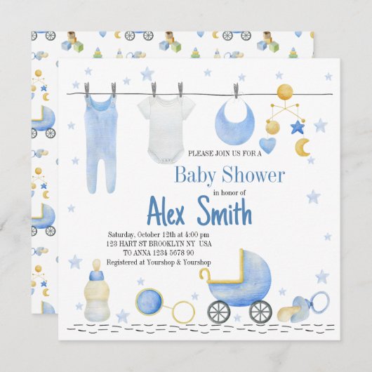 水彩男の赤ちゃん 招待状 (正面/裏面)