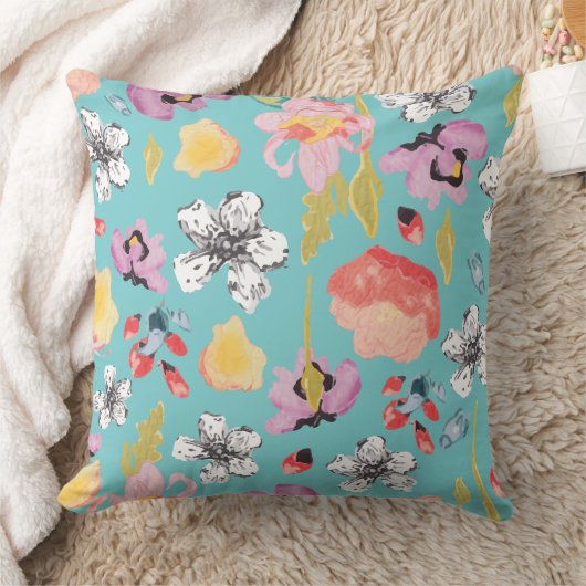 水彩画および粗かった様式化された花の枕 クッション (ブランケット)