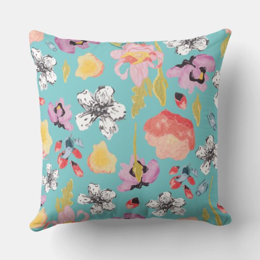 水彩画および粗かった様式化された花の枕 クッション (裏面)