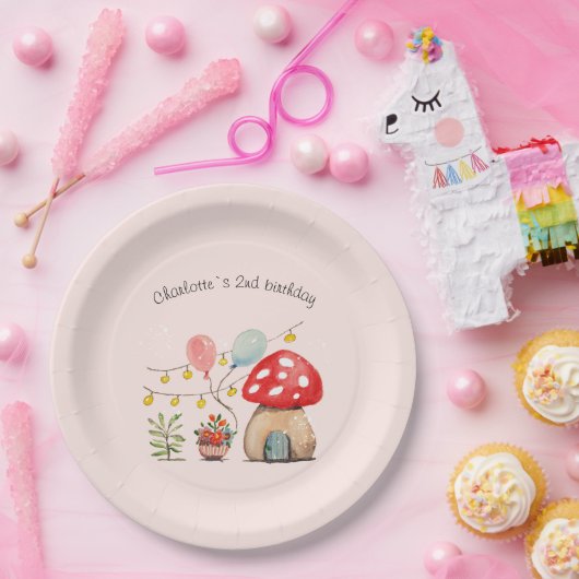 水彩画かわいいキノコと花 ペーパープレート (パーティー)