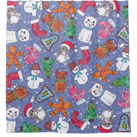 水彩画で手塗りクリスマスのキャラクター シャワーカーテン (正面)