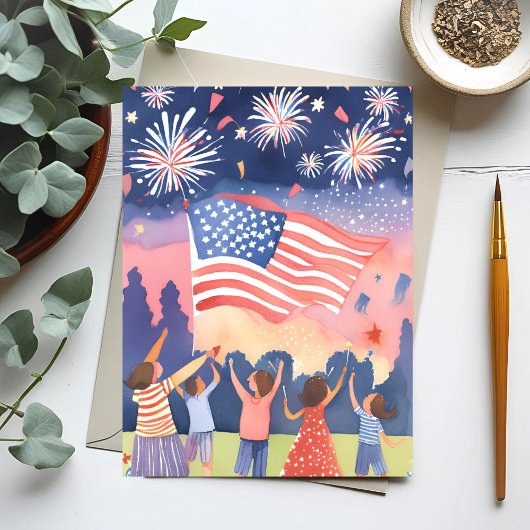 水彩画で描いたアメリカ独立記念日の花火 ポストカード