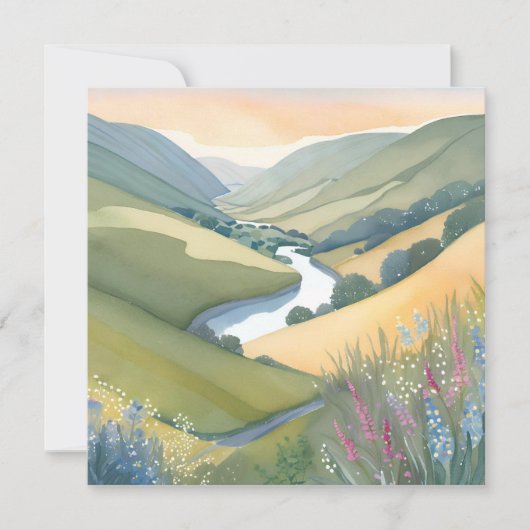 水彩画で描いた美しい起伏に富んだ丘陵の風景 カード (正面)