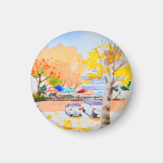 水彩画で描いた街の秋の風景 マグネット (正面)