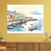 水彩画で描かれたイタリアの海岸沿いの町のボート キャンバスプリント (インサイチュ (リビング))