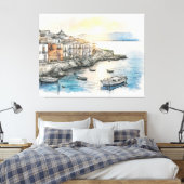 水彩画で描かれたイタリアの海岸沿いの町のボート キャンバスプリント (インサイチュ (寝室))