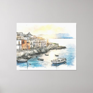 水彩画で描かれたイタリアの海岸沿いの町のボート キャンバスプリント