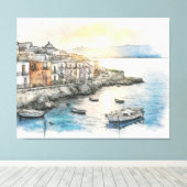 水彩画で描かれたイタリアの海岸沿いの町のボート キャンバスプリント (インサイチュ (ウッドフロア))