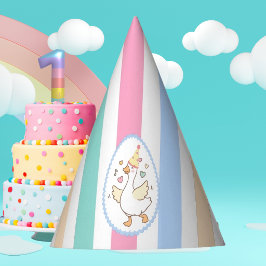 水彩画で描かれたパステルカラーの「One Silly Goose」ファーストバースデー パーティーハット