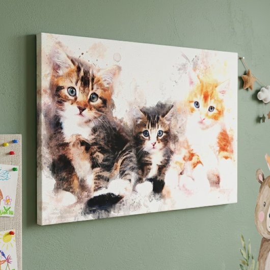 水彩画で描かれた三匹のかわいい子猫 キャンバスプリント