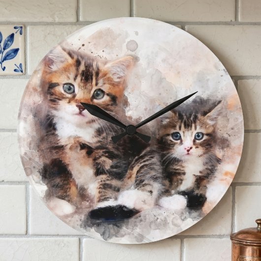 水彩画で描かれた三匹のかわいい子猫 ラージ壁時計