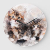 水彩画で描かれた三匹のかわいい子猫 ラージ壁時計 (正面)