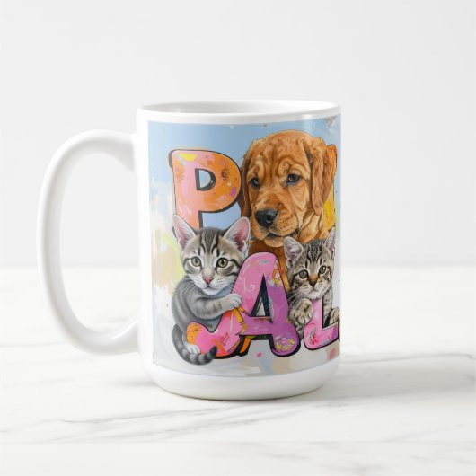 水彩画で描かれた愛らしいPALの好奇心旺盛な犬と猫たち  コーヒーマグカップ (左)