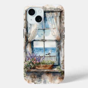 水彩画で描かれた穏やかな海岸の風景 - 窓からの眺め iPhone 15ケース