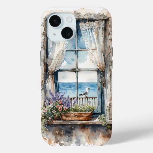 水彩画で描かれた穏やかな海岸の風景 - 窓からの眺め Case-Mate iPhoneケース (裏面)